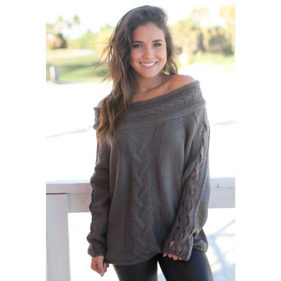 Entro Cable Knit Sweater Braided Boat Neck Off Shoulder Slouchy Grey Large - Picture 1 of 4